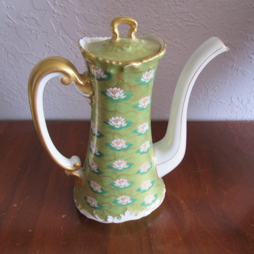 Green Floral Lotus Flower Limoges Teapot T.V. France
